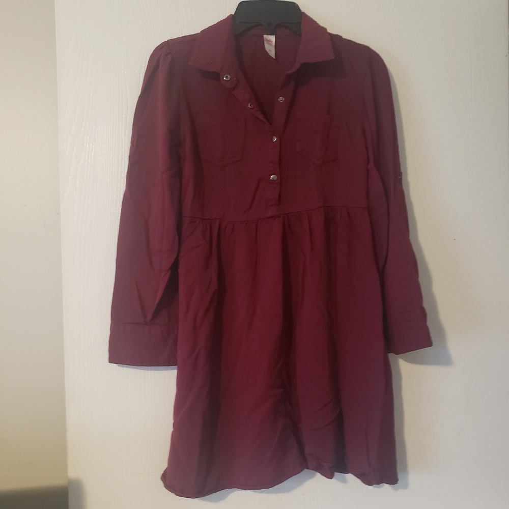 Justice Girls Size 12 Burgundy Long Sleeve Snap Up Shirt Dress